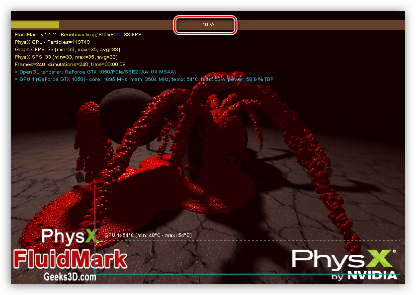 Экран тестирования производительности графической системы в программе PhysX FluidMark